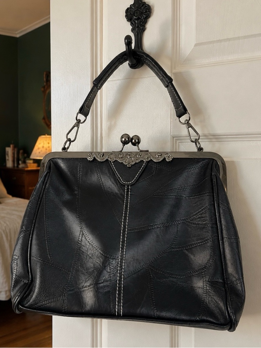 Black Patchwork Kiss Lock Frame Handbag Ornate Silver Goth Purse